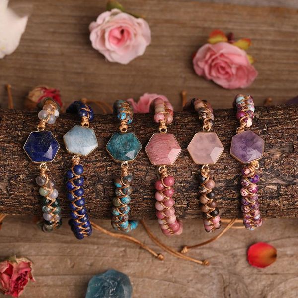 charm bracelets ethnic style geometric hexagon ocean stone rhodolite amethyst pink spar bracelet hand-woven adjustable jewelry, Golden;silver